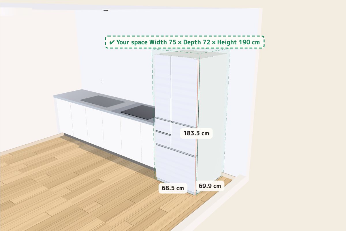 A fridge placed in a 3D room (LDK) with a 75 × 72 × 190 cm space drawn as a dashed green box. It fits.