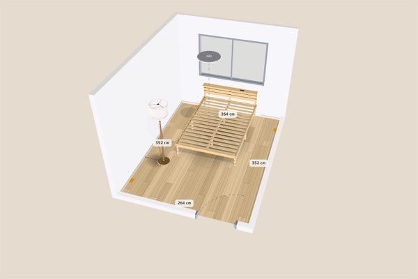 3D layout: Double bed and floor lamp in a 6-tatami bedroom