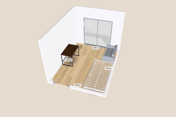 3D layout: Bed, desk and 2-seater sofa in a 6-tatami studio