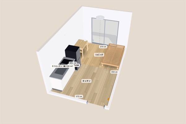 3D layout: Fridge, bed and desk in an 8-tatami studio with kitchenette